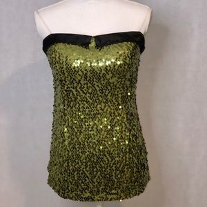 Black and Green Sequin Party Strapless Top